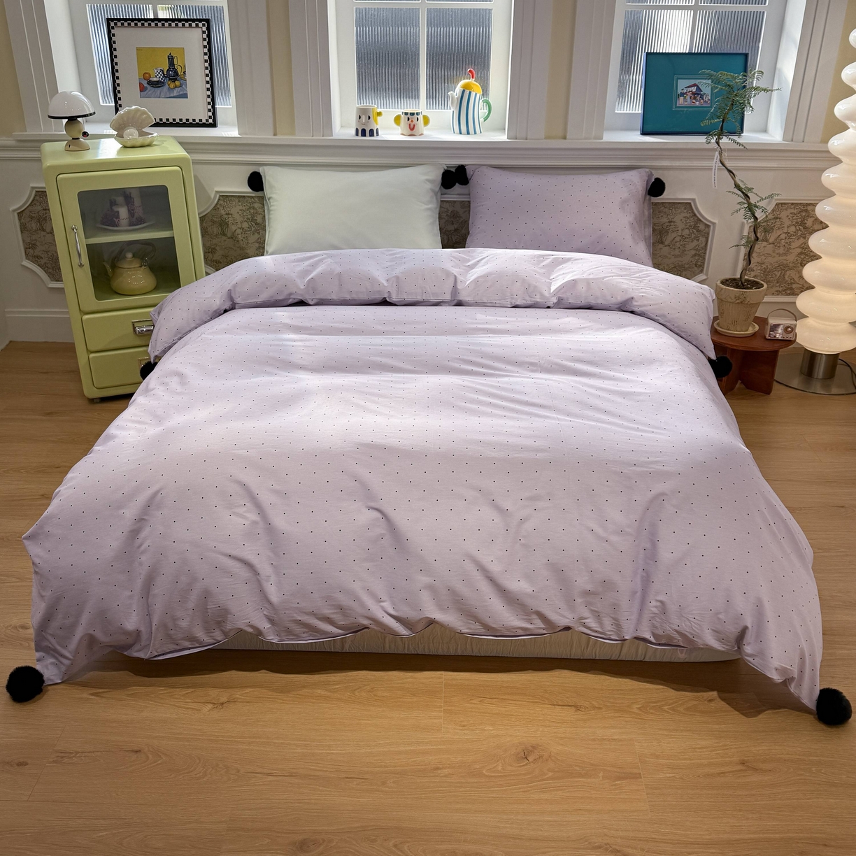 91家纺网 家纺一手货源 找家纺 慕尚家纺 2026新款全棉纯棉水洗带球工艺四件套 波点紫