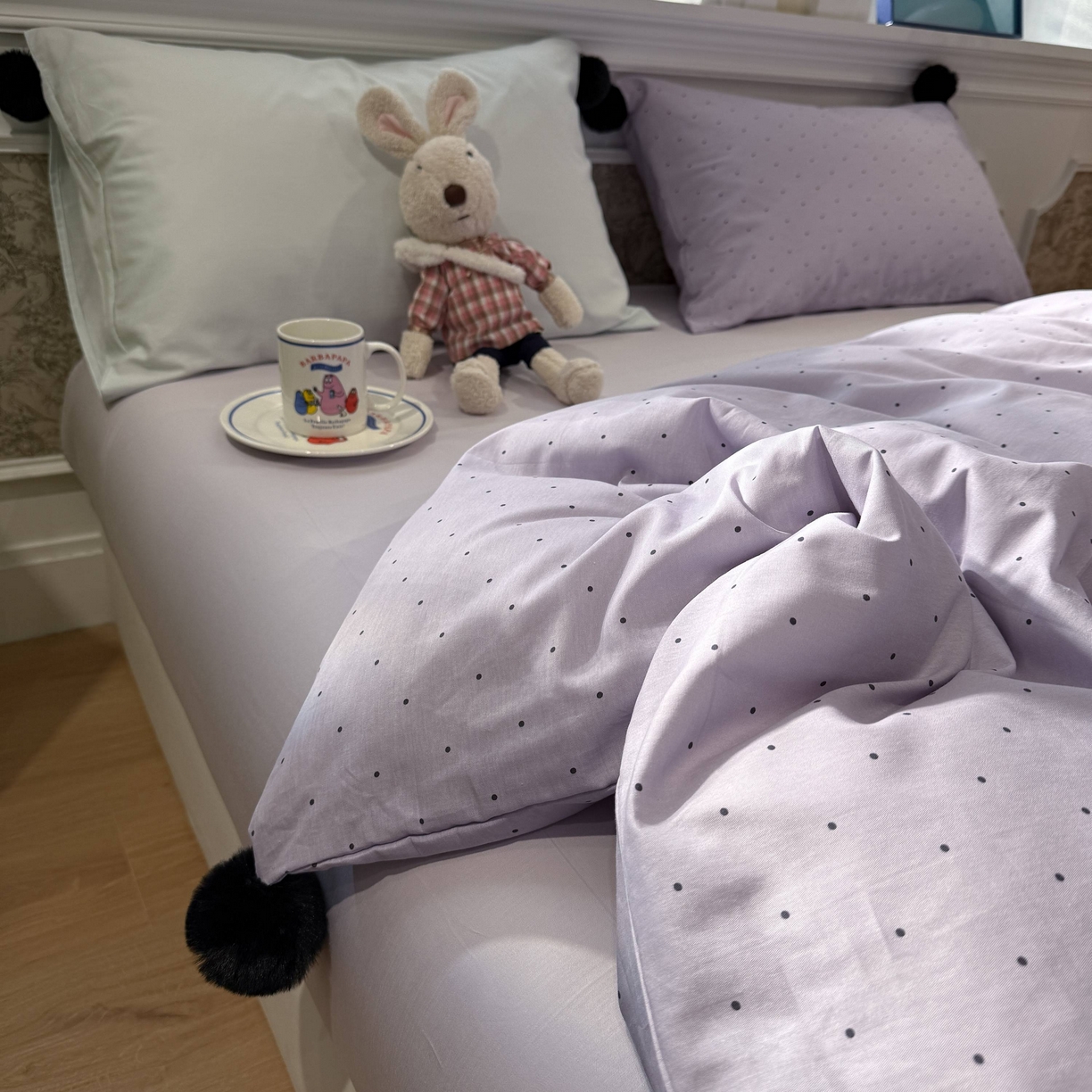 91家纺网 家纺一手货源 找家纺 慕尚家纺 2026新款全棉纯棉水洗带球工艺四件套 波点紫