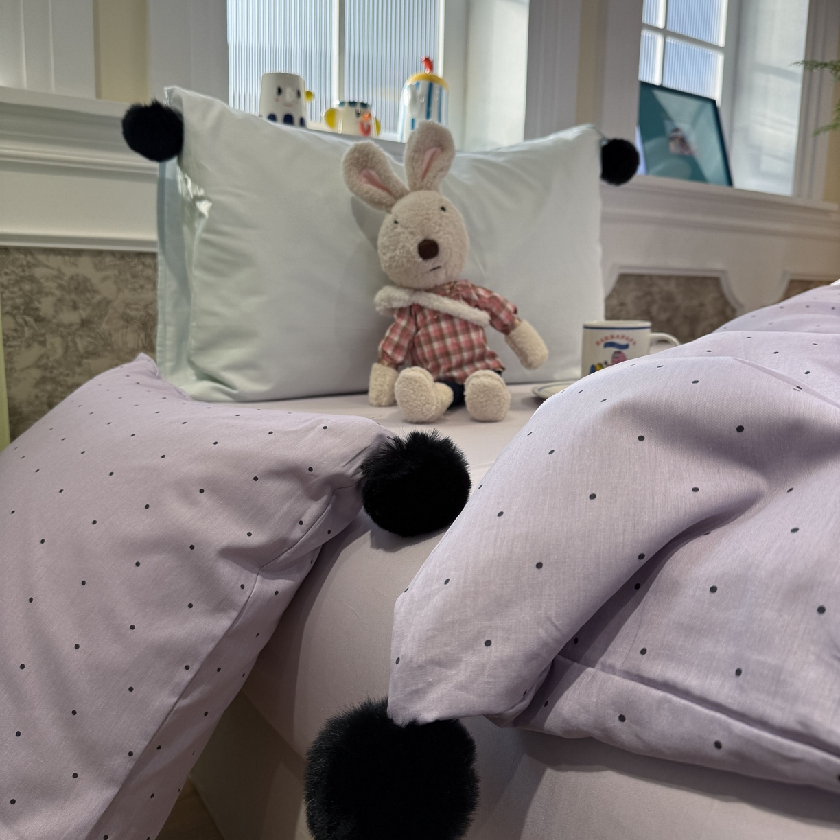 91家纺网 家纺一手货源 找家纺 慕尚家纺 2026新款全棉纯棉水洗带球工艺四件套 波点紫