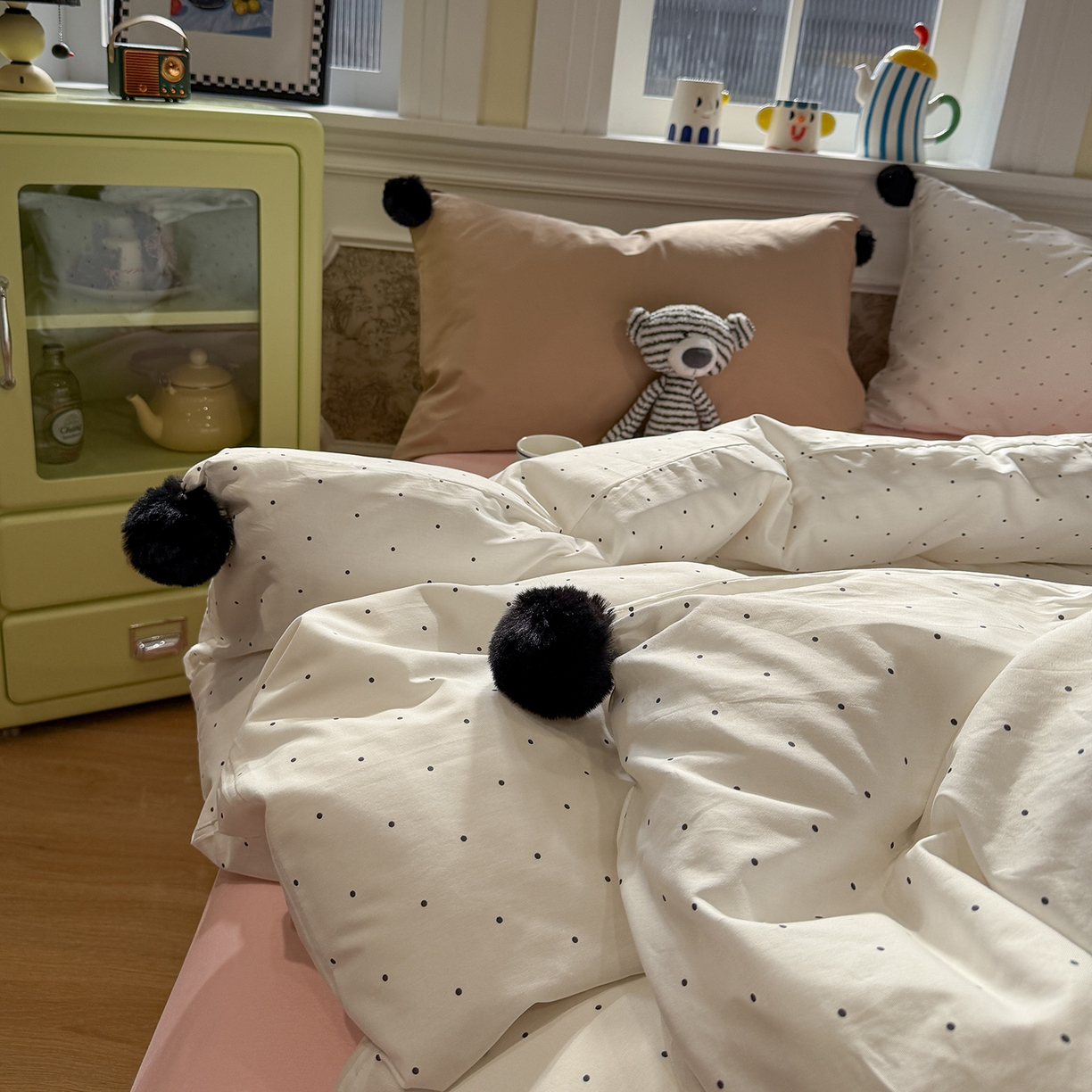 91家纺网 家纺一手货源 找家纺 慕尚家纺 2026新款全棉纯棉水洗带球工艺四件套 波点黄