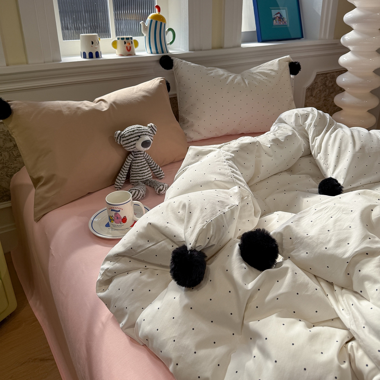 91家纺网 家纺一手货源 找家纺 慕尚家纺 2026新款全棉纯棉水洗带球工艺四件套 波点黄