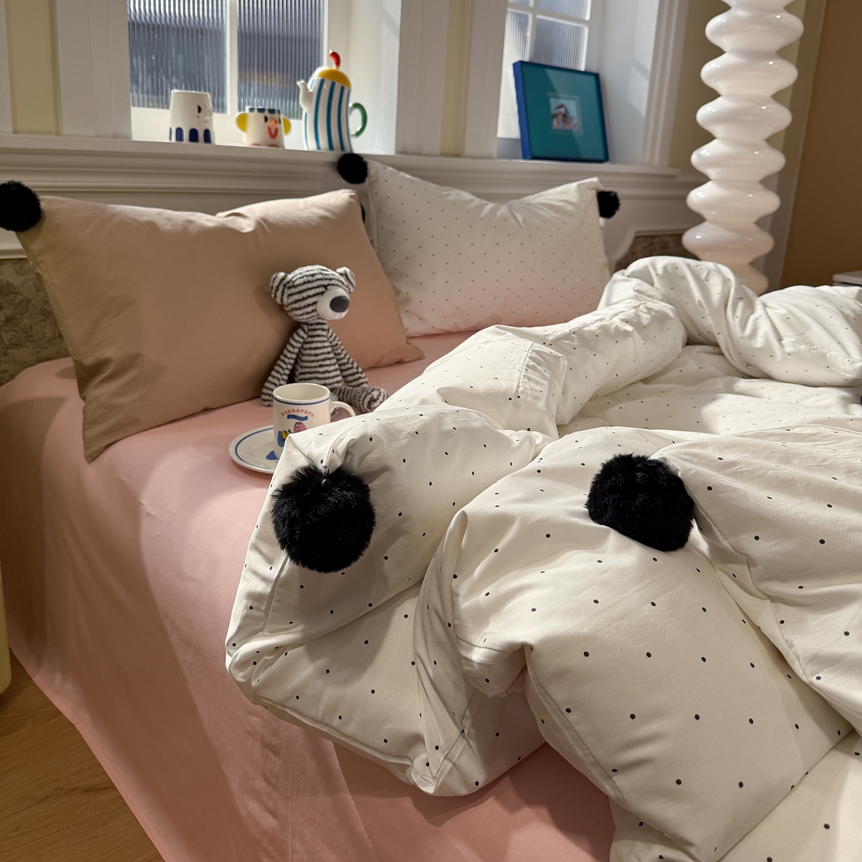 91家纺网 家纺一手货源 找家纺 慕尚家纺 2026新款全棉纯棉水洗带球工艺四件套 波点黄