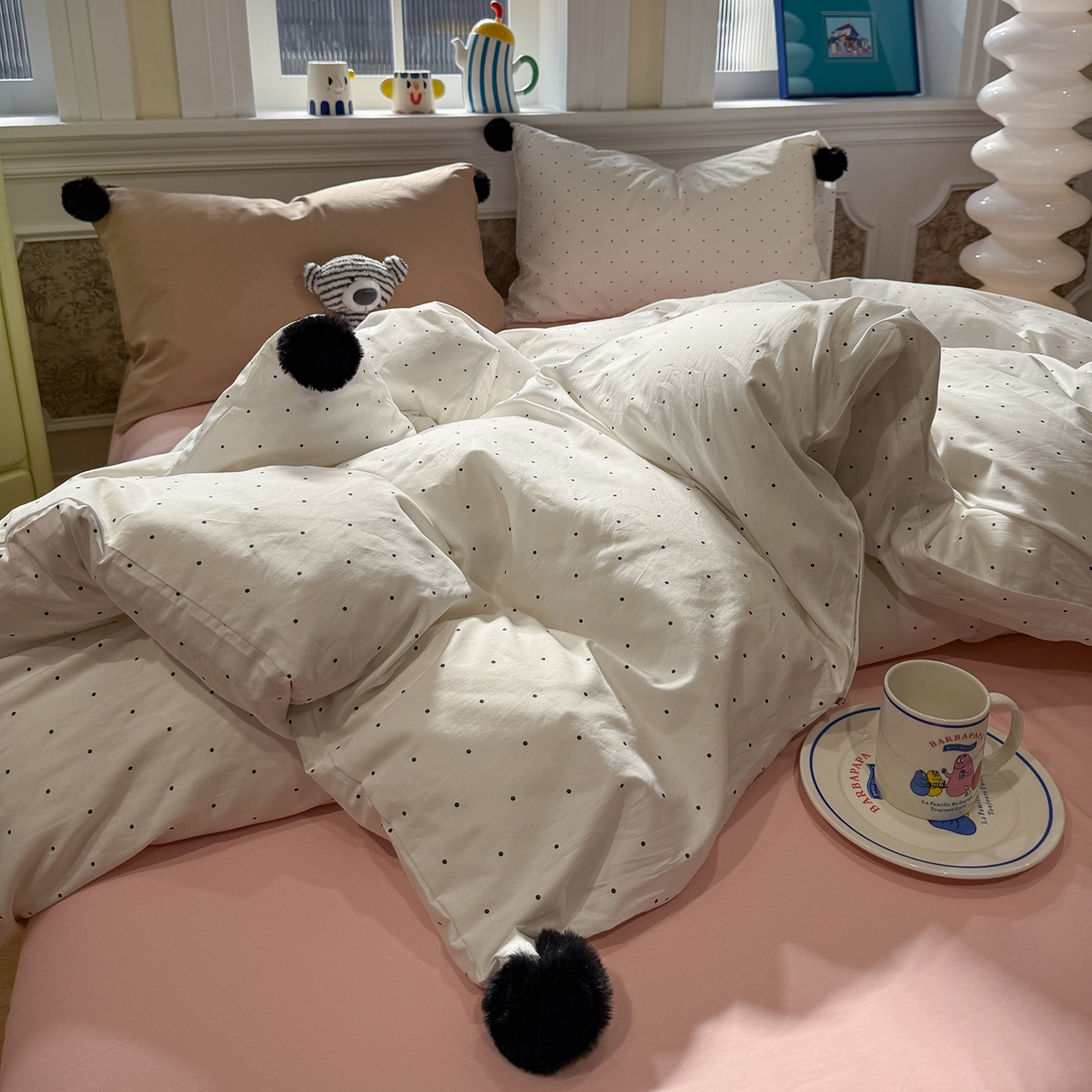 91家纺网 家纺一手货源 找家纺 慕尚家纺 2026新款全棉纯棉水洗带球工艺四件套 波点黄