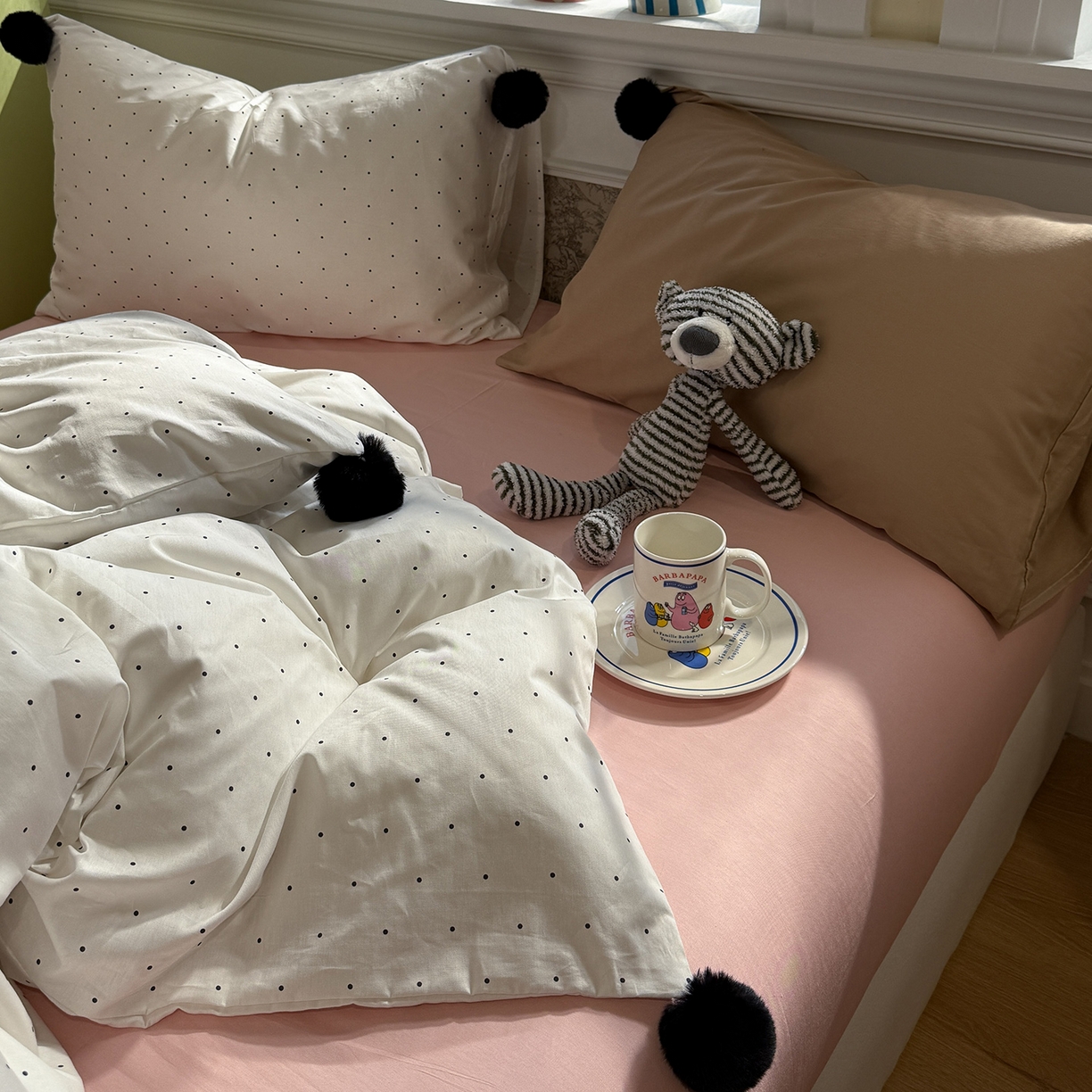 91家纺网 家纺一手货源 找家纺 慕尚家纺 2026新款全棉纯棉水洗带球工艺四件套 波点黄