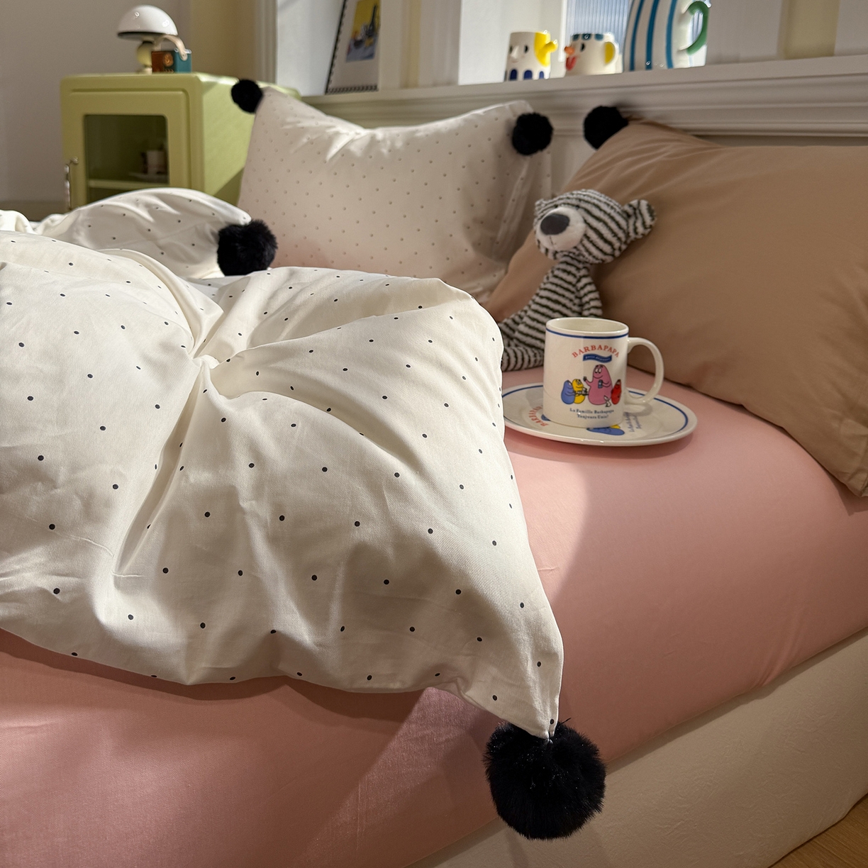 91家纺网 家纺一手货源 找家纺 慕尚家纺 2026新款全棉纯棉水洗带球工艺四件套 波点黄