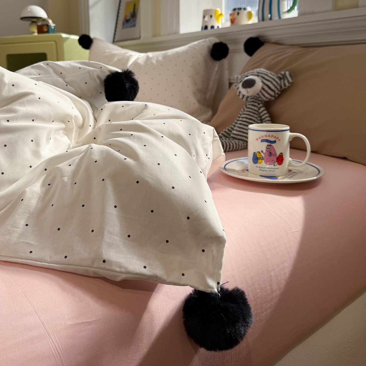 91家纺网 家纺一手货源 找家纺 慕尚家纺 2026新款全棉纯棉水洗带球工艺四件套 波点黄