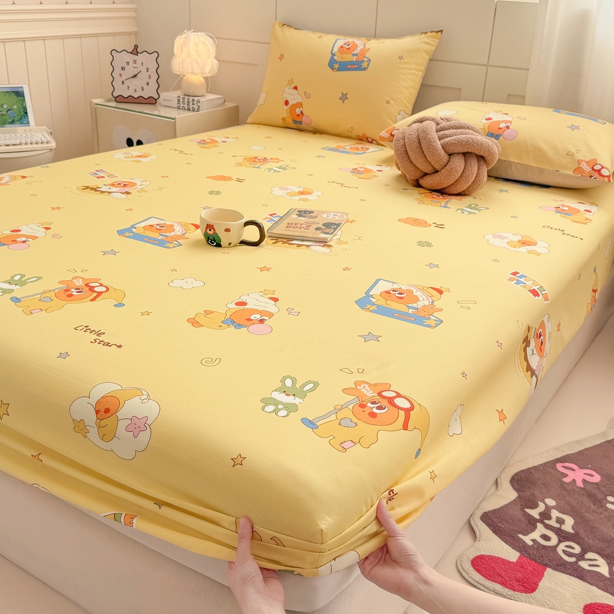 91家纺网 家纺一手货源 找家纺 博雅 2026新款全棉纯棉小卡通印花单床笠床笠单件 可爱星星人