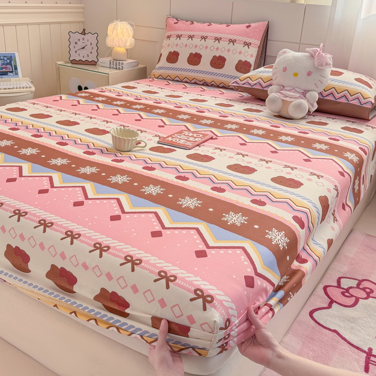 91家纺网 家纺一手货源 找家纺 博雅 2026新款全棉纯棉小卡通印花单床笠床笠单件 圣诞苹果猫