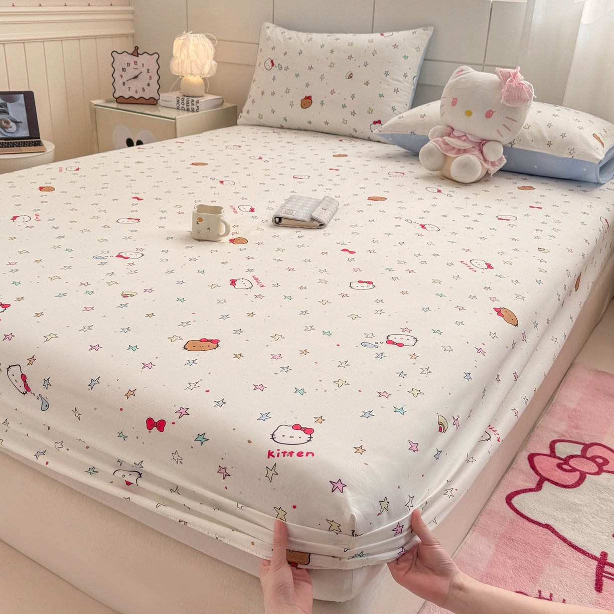 91家纺网 家纺一手货源 找家纺 博雅 2026新款全棉纯棉小卡通印花单床笠床笠单件 星星蝴蝶结猫