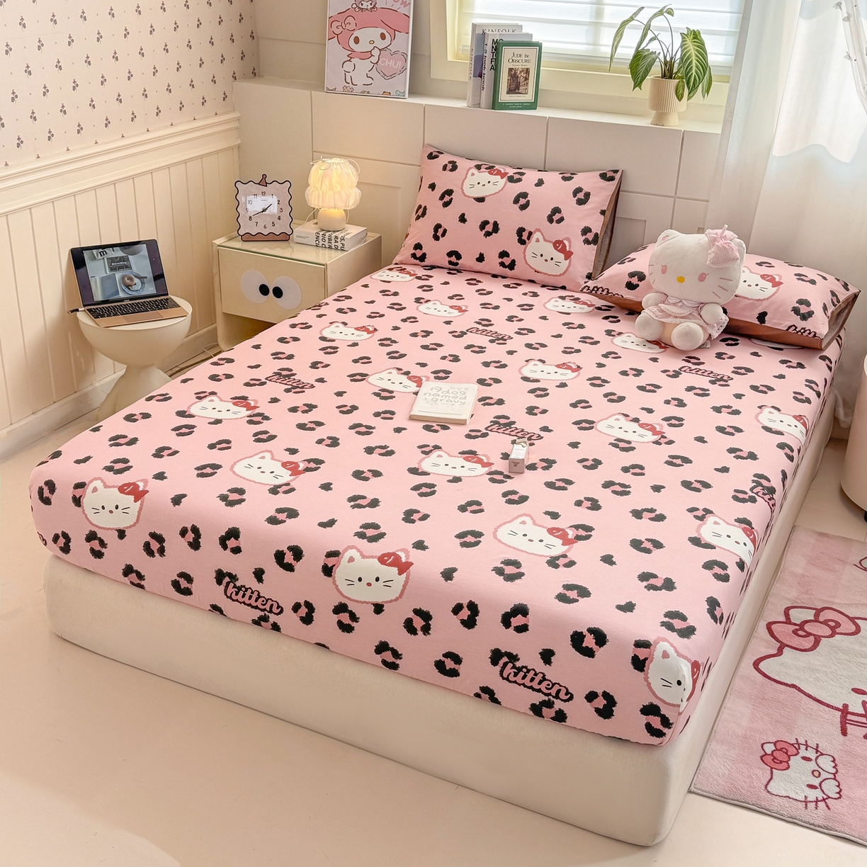 91家纺网 家纺一手货源 找家纺 博雅 2026新款全棉纯棉小卡通印花单床笠床笠单件 豹纹小猫-粉