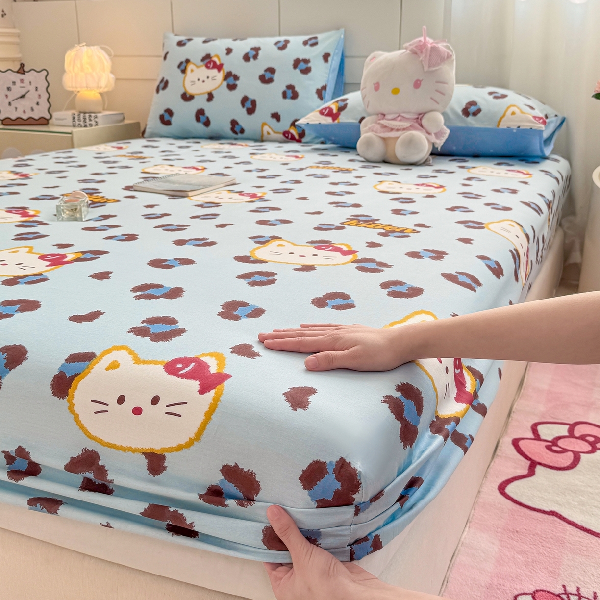 91家纺网 家纺一手货源 找家纺 博雅 2026新款全棉纯棉小卡通印花单床笠床笠单件 豹纹小猫-蓝
