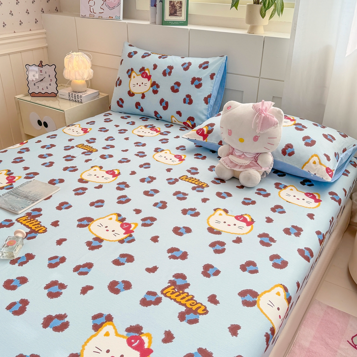 91家纺网 家纺一手货源 找家纺 博雅 2026新款全棉纯棉小卡通印花单床笠床笠单件 豹纹小猫-蓝