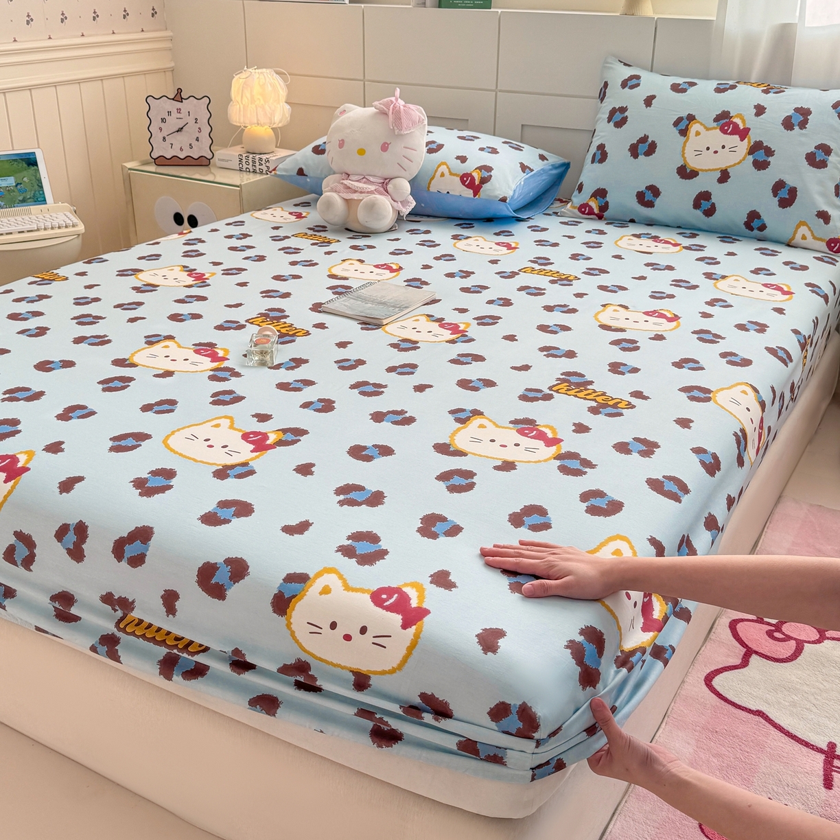 91家纺网 家纺一手货源 找家纺 博雅 2026新款全棉纯棉小卡通印花单床笠床笠单件 豹纹小猫-蓝