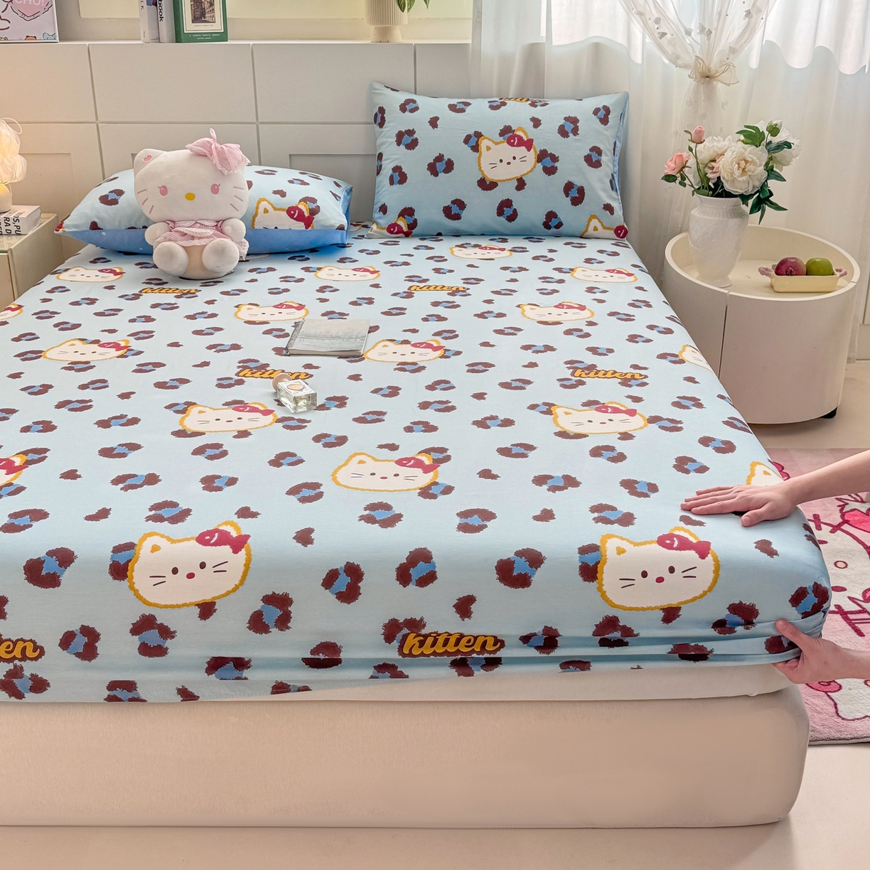 91家纺网 家纺一手货源 找家纺 博雅 2026新款全棉纯棉小卡通印花单床笠床笠单件 豹纹小猫-蓝