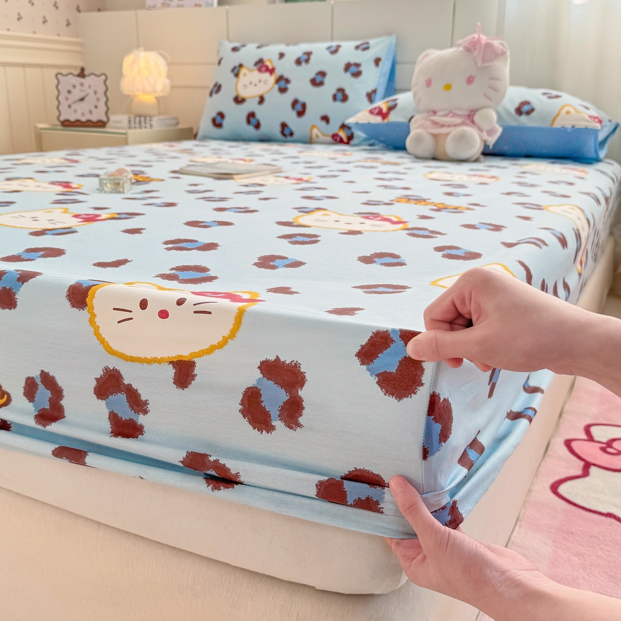 91家纺网 家纺一手货源 找家纺 博雅 2026新款全棉纯棉小卡通印花单床笠床笠单件 豹纹小猫-蓝