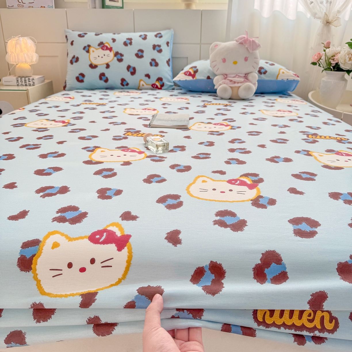 91家纺网 家纺一手货源 找家纺 博雅 2026新款全棉纯棉小卡通印花单床笠床笠单件 豹纹小猫-蓝