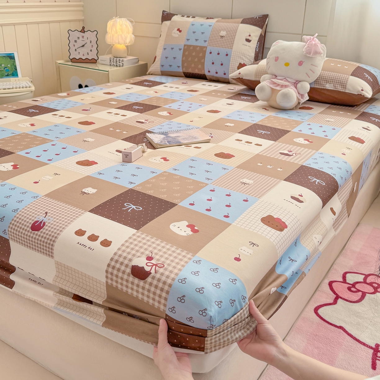 博雅 2026新款全棉纯棉小卡通印花单床笠床笠单件 咖格蛋糕猫