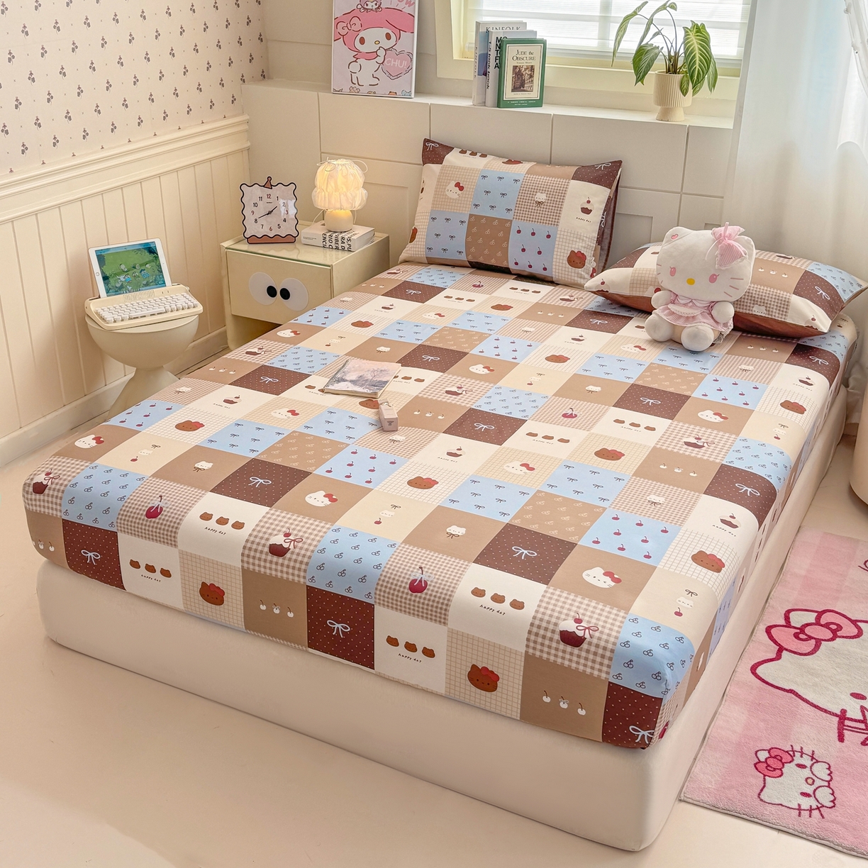 91家纺网 家纺一手货源 找家纺 博雅 2026新款全棉纯棉小卡通印花单床笠床笠单件 咖格蛋糕猫