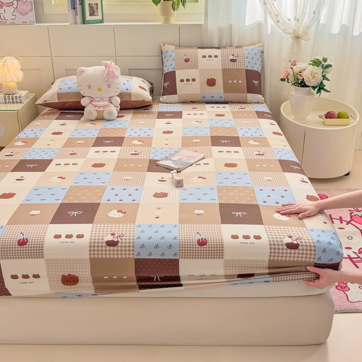 91家纺网 家纺一手货源 找家纺 博雅 2026新款全棉纯棉小卡通印花单床笠床笠单件 咖格蛋糕猫