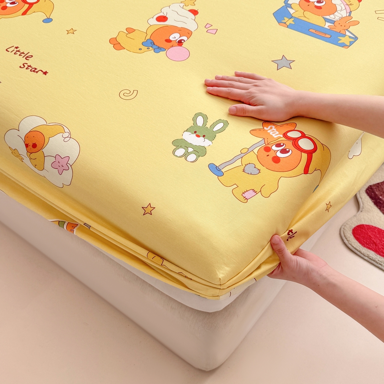 91家纺网 家纺一手货源 找家纺 博雅 2026新款全棉纯棉小卡通印花单床笠床笠单件 可爱星星人