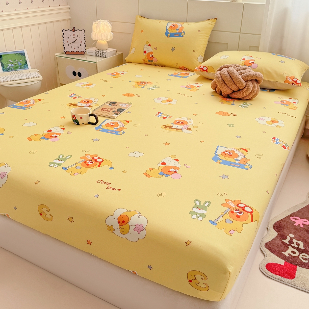 91家纺网 家纺一手货源 找家纺 博雅 2026新款全棉纯棉小卡通印花单床笠床笠单件 可爱星星人