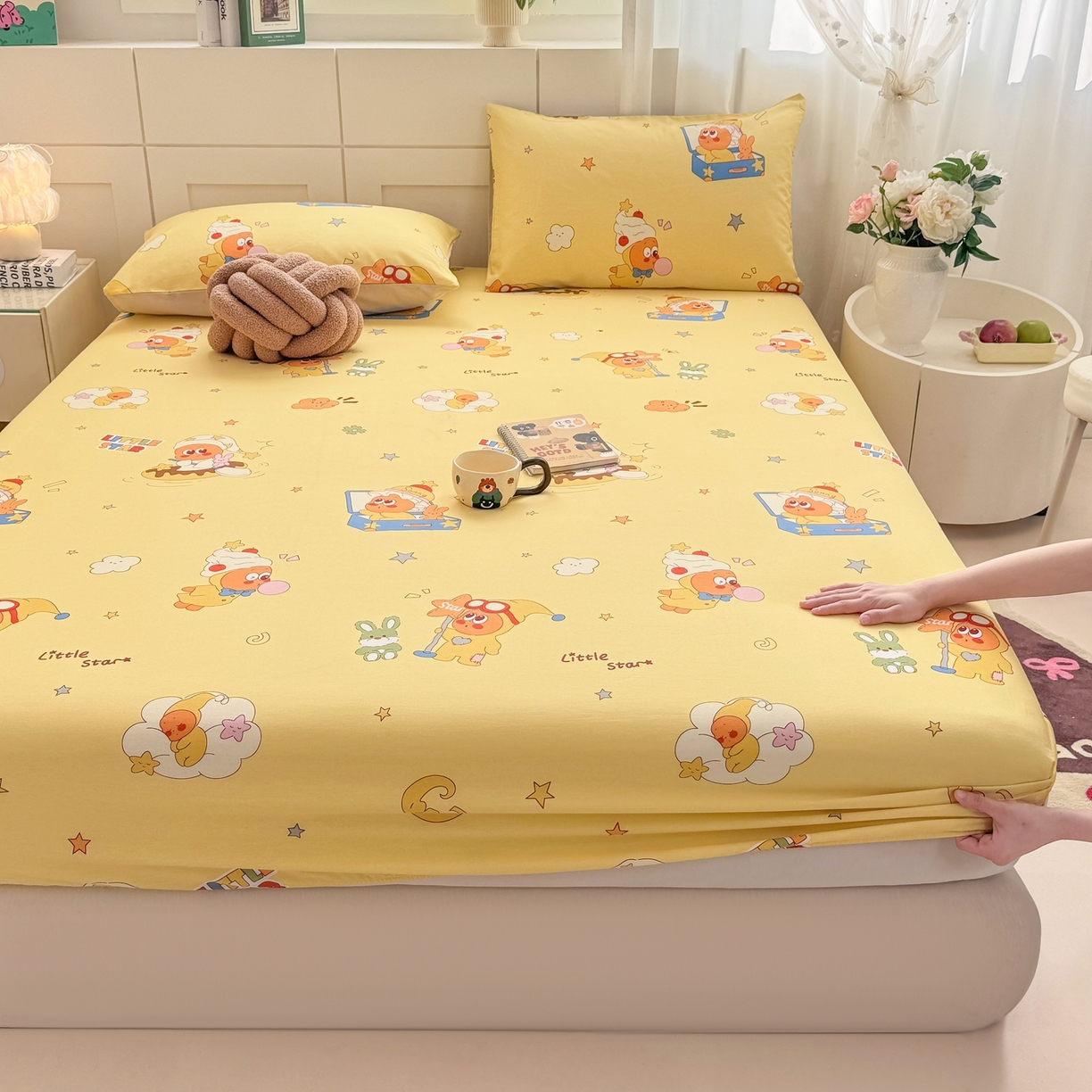 91家纺网 家纺一手货源 找家纺 博雅 2026新款全棉纯棉小卡通印花单床笠床笠单件 可爱星星人