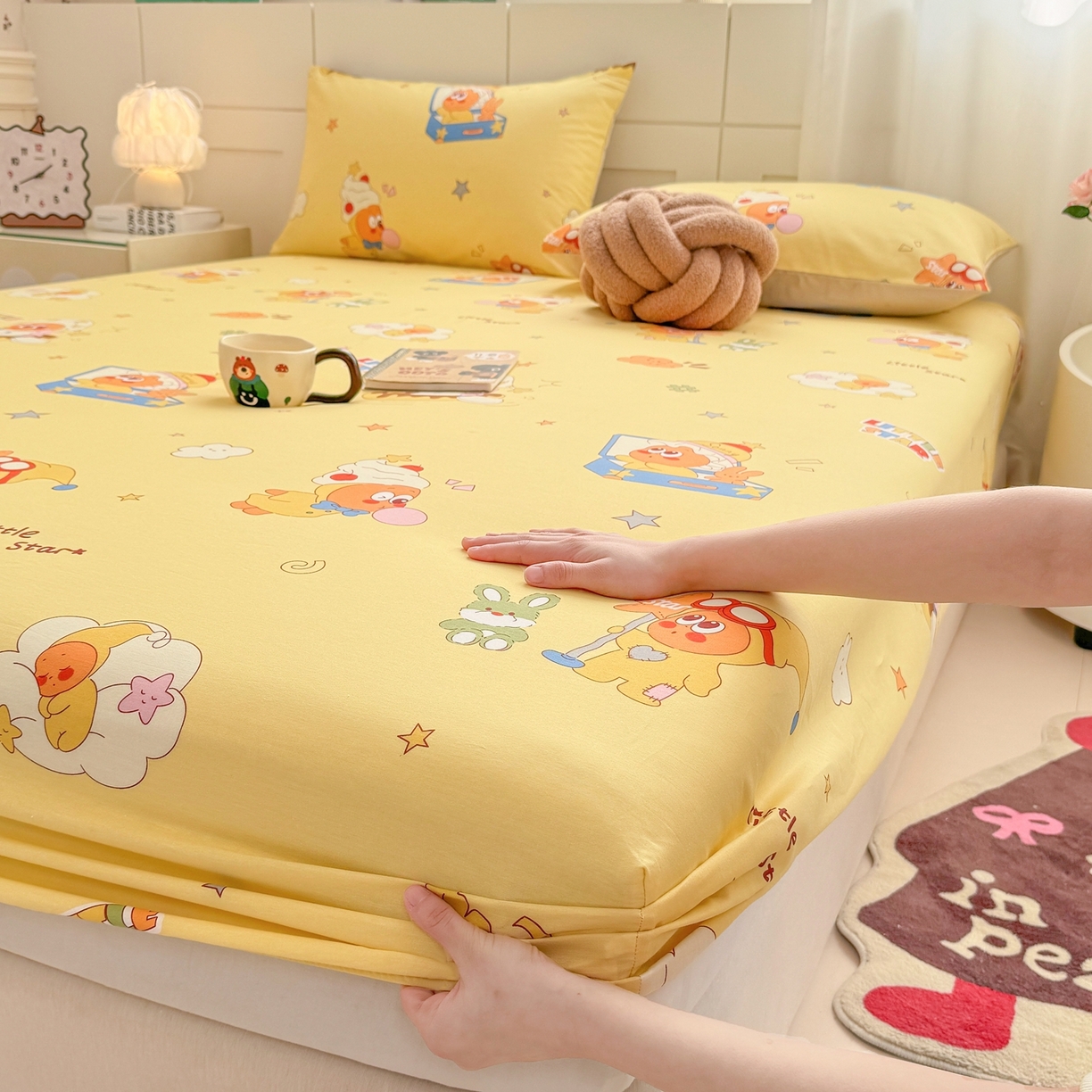 91家纺网 家纺一手货源 找家纺 博雅 2026新款全棉纯棉小卡通印花单床笠床笠单件 可爱星星人