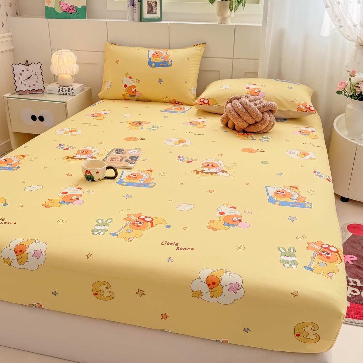 91家纺网 家纺一手货源 找家纺 博雅 2026新款全棉纯棉小卡通印花单床笠床笠单件 可爱星星人