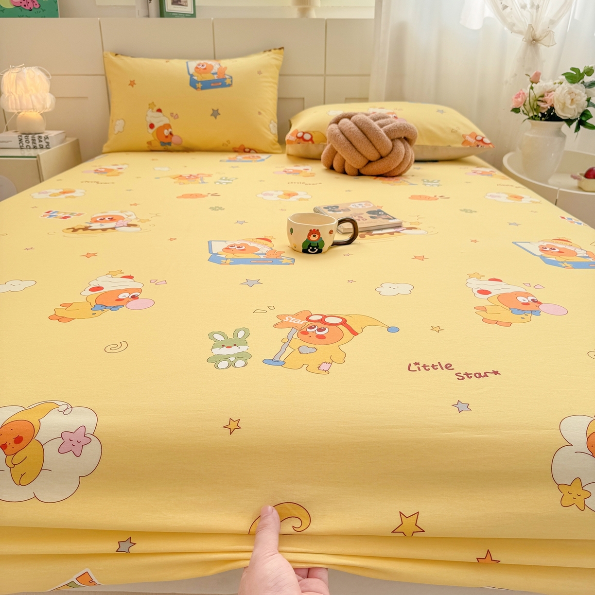 91家纺网 家纺一手货源 找家纺 博雅 2026新款全棉纯棉小卡通印花单床笠床笠单件 可爱星星人