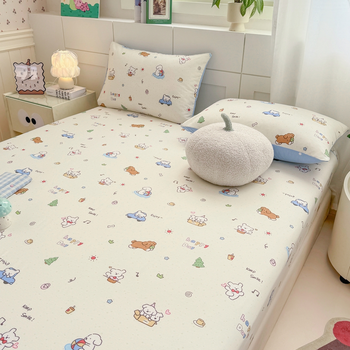 91家纺网 家纺一手货源 找家纺 博雅 2026新款全棉纯棉小卡通印花单床笠床笠单件 快乐汪星人