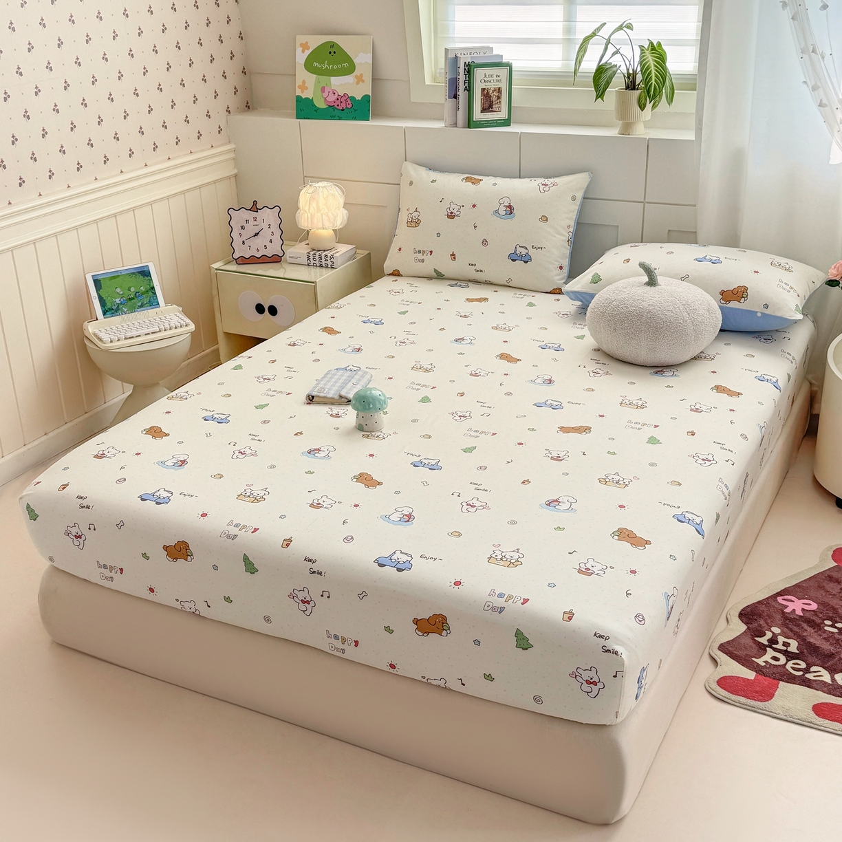 91家纺网 家纺一手货源 找家纺 博雅 2026新款全棉纯棉小卡通印花单床笠床笠单件 快乐汪星人