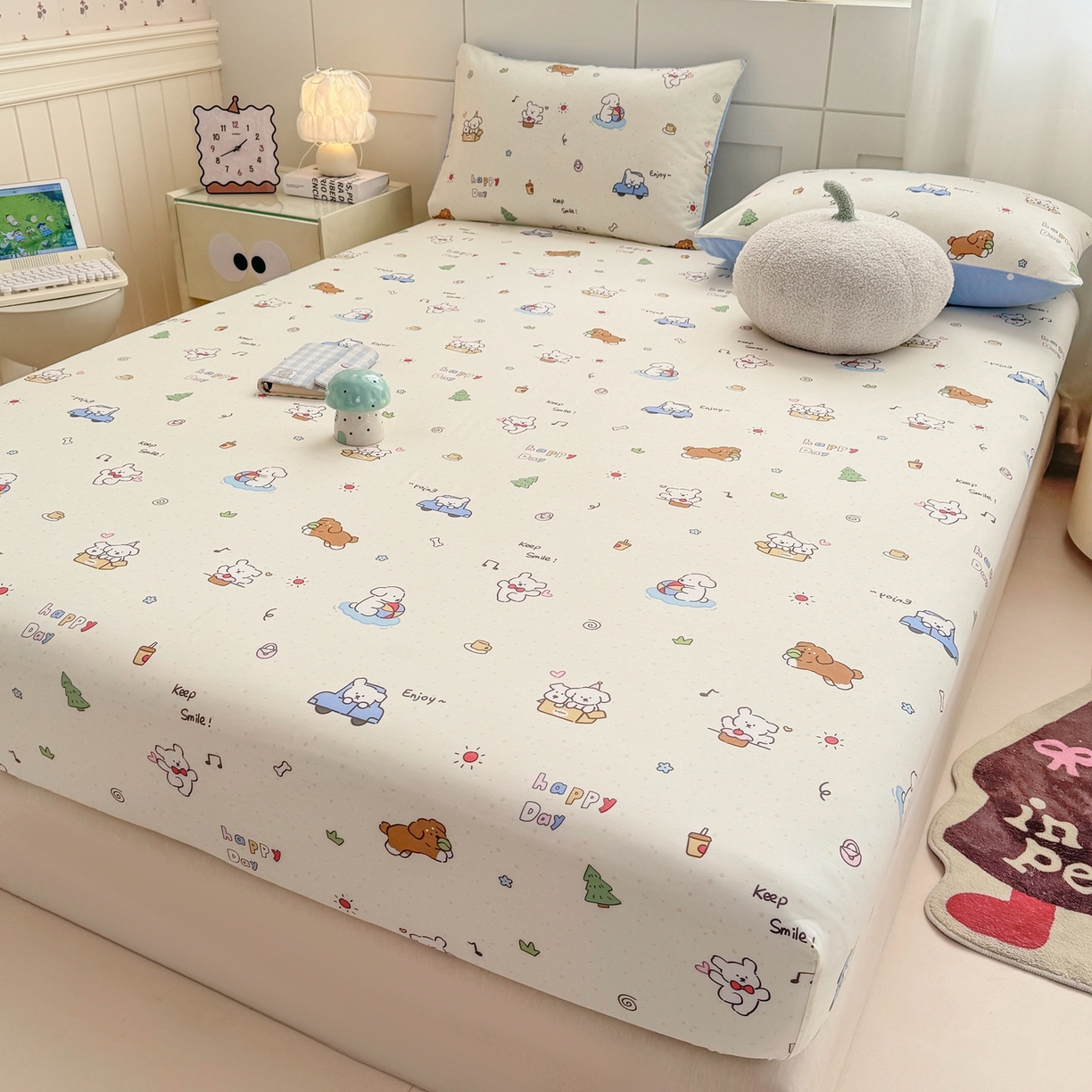 91家纺网 家纺一手货源 找家纺 博雅 2026新款全棉纯棉小卡通印花单床笠床笠单件 快乐汪星人