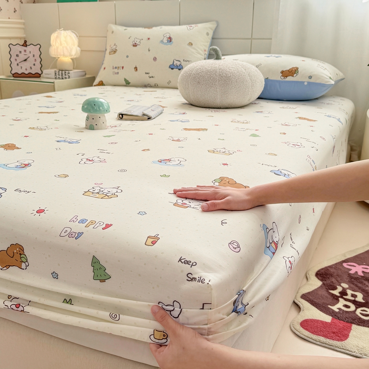 91家纺网 家纺一手货源 找家纺 博雅 2026新款全棉纯棉小卡通印花单床笠床笠单件 快乐汪星人