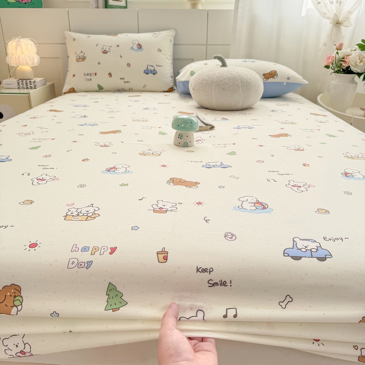 91家纺网 家纺一手货源 找家纺 博雅 2026新款全棉纯棉小卡通印花单床笠床笠单件 快乐汪星人