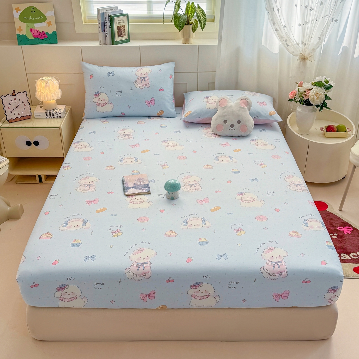 91家纺网 家纺一手货源 找家纺 博雅 2026新款全棉纯棉小卡通印花单床笠床笠单件 帽子甜心狗