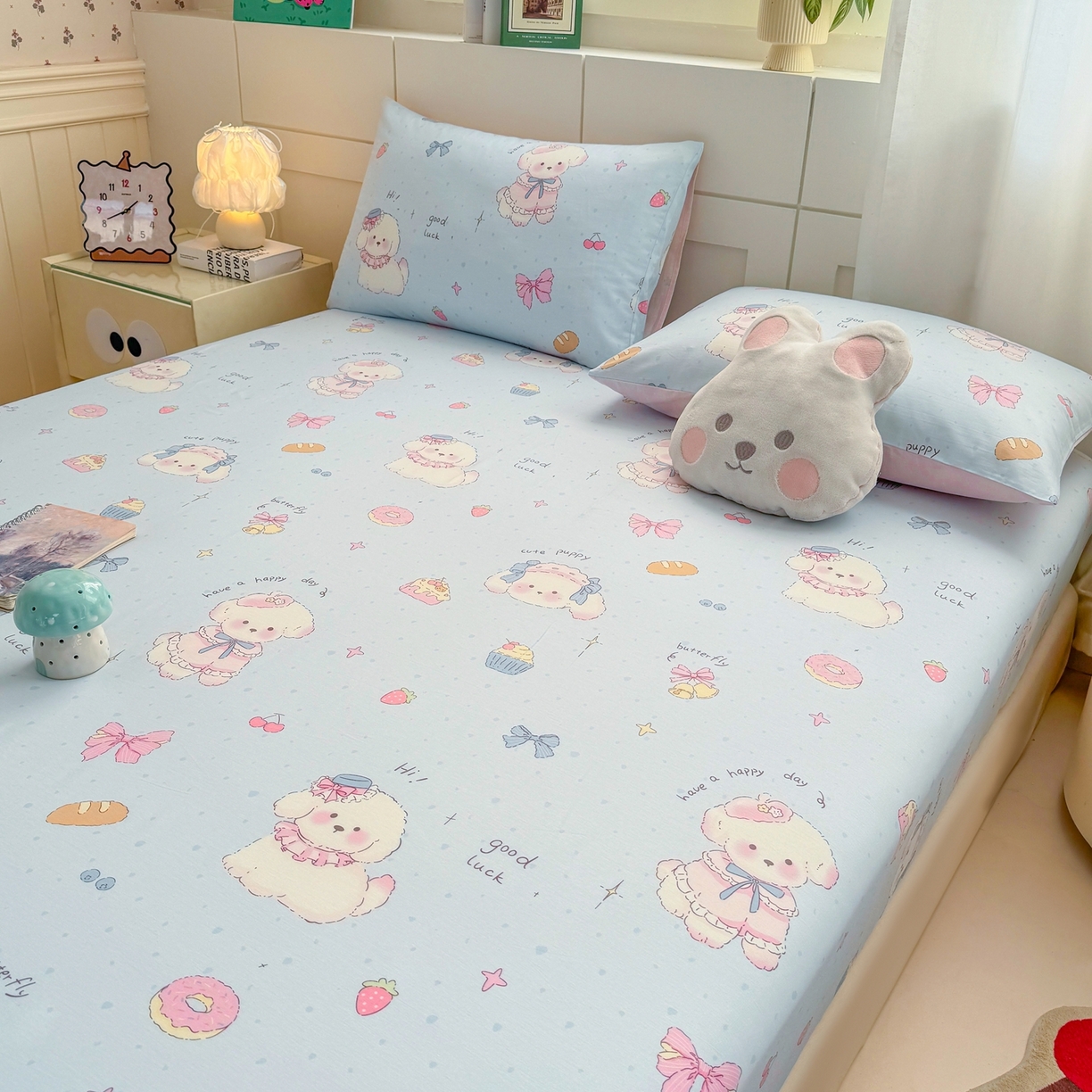 91家纺网 家纺一手货源 找家纺 博雅 2026新款全棉纯棉小卡通印花单床笠床笠单件 帽子甜心狗