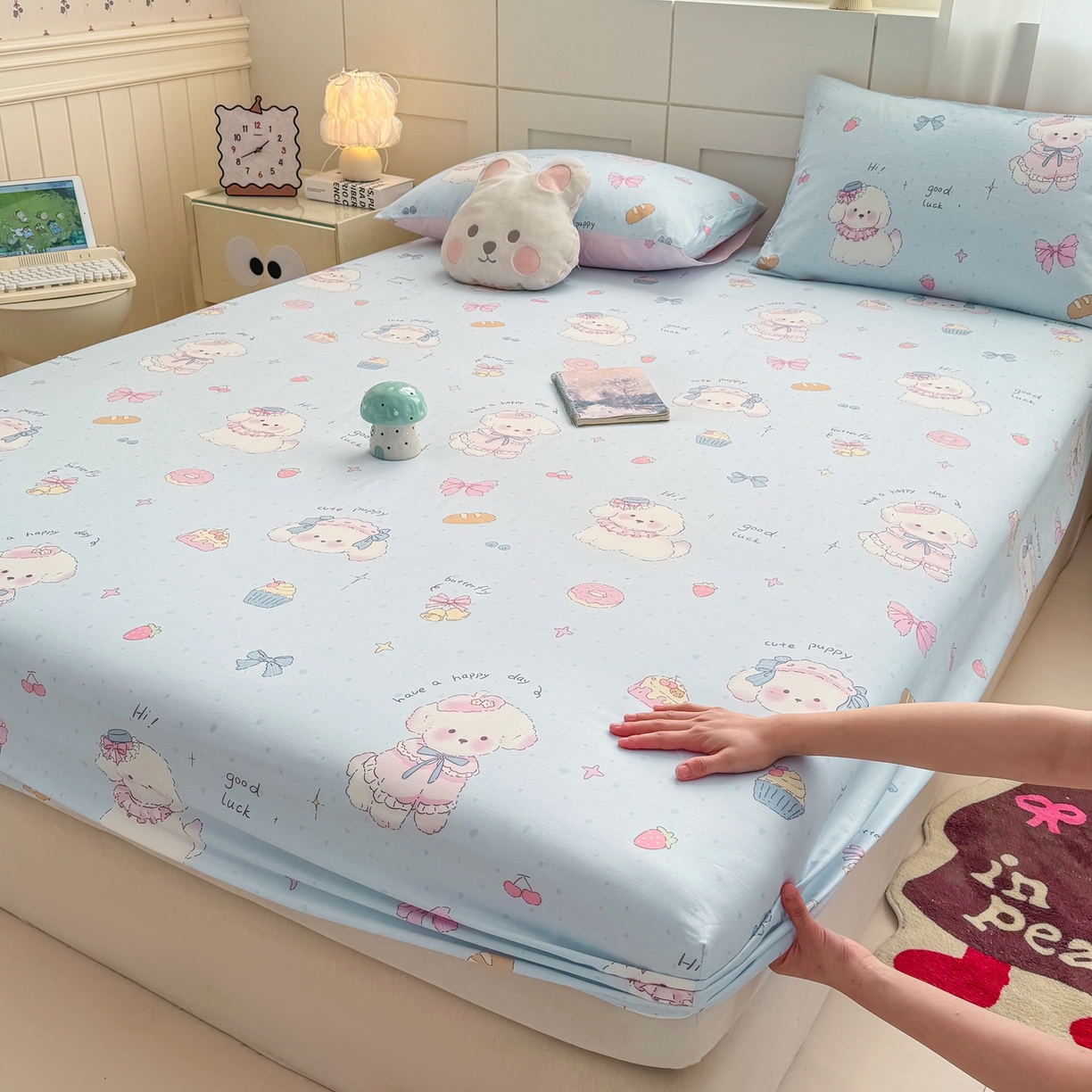 91家纺网 家纺一手货源 找家纺 博雅 2026新款全棉纯棉小卡通印花单床笠床笠单件 帽子甜心狗