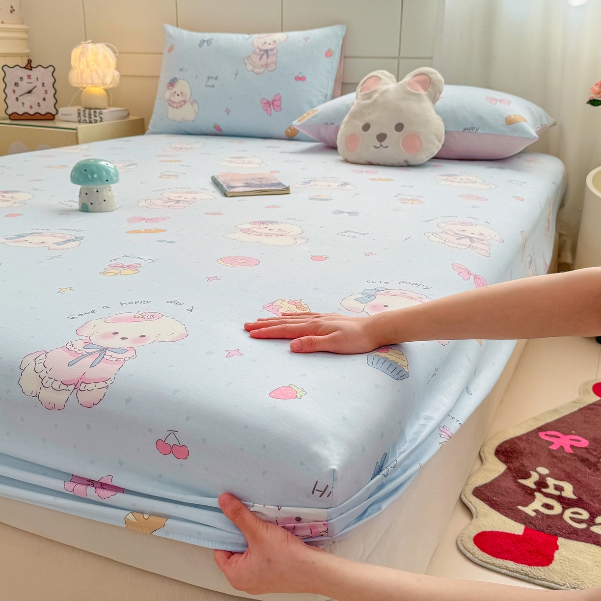 91家纺网 家纺一手货源 找家纺 博雅 2026新款全棉纯棉小卡通印花单床笠床笠单件 帽子甜心狗