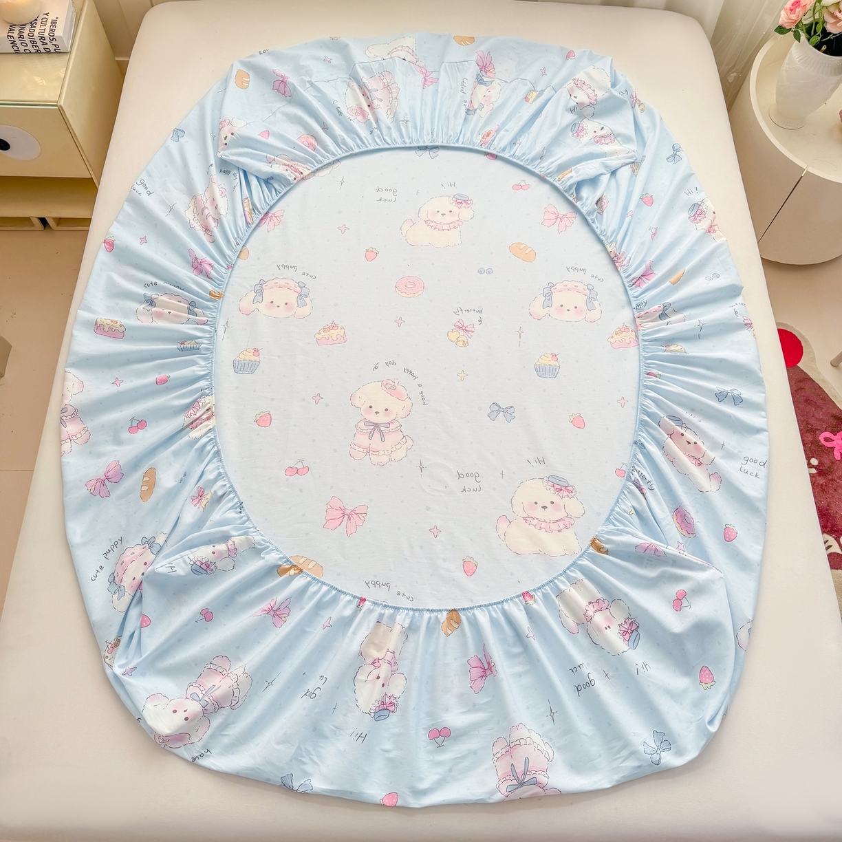 91家纺网 家纺一手货源 找家纺 博雅 2026新款全棉纯棉小卡通印花单床笠床笠单件 帽子甜心狗