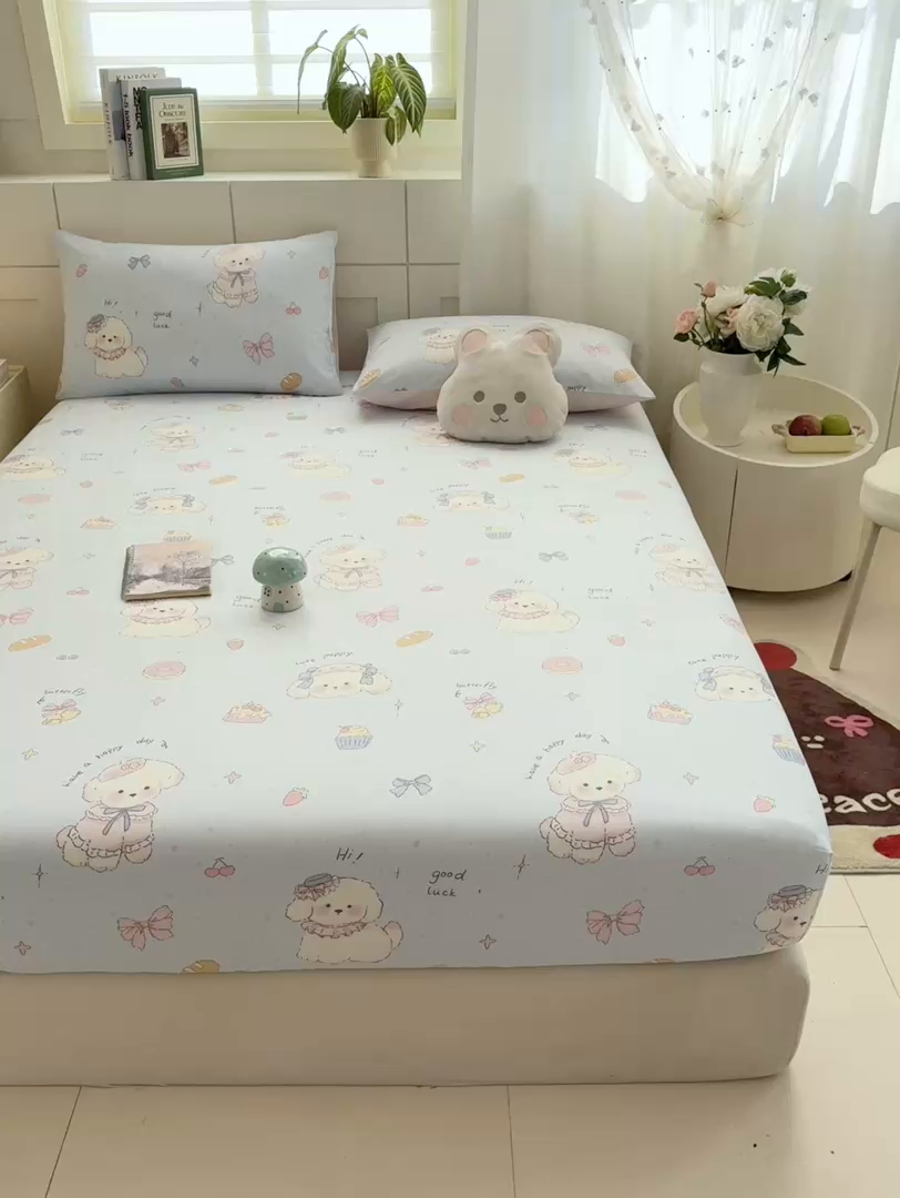91家纺网 家纺一手货源 找家纺 博雅 2026新款全棉纯棉小卡通印花单床笠床笠单件 帽子甜心狗