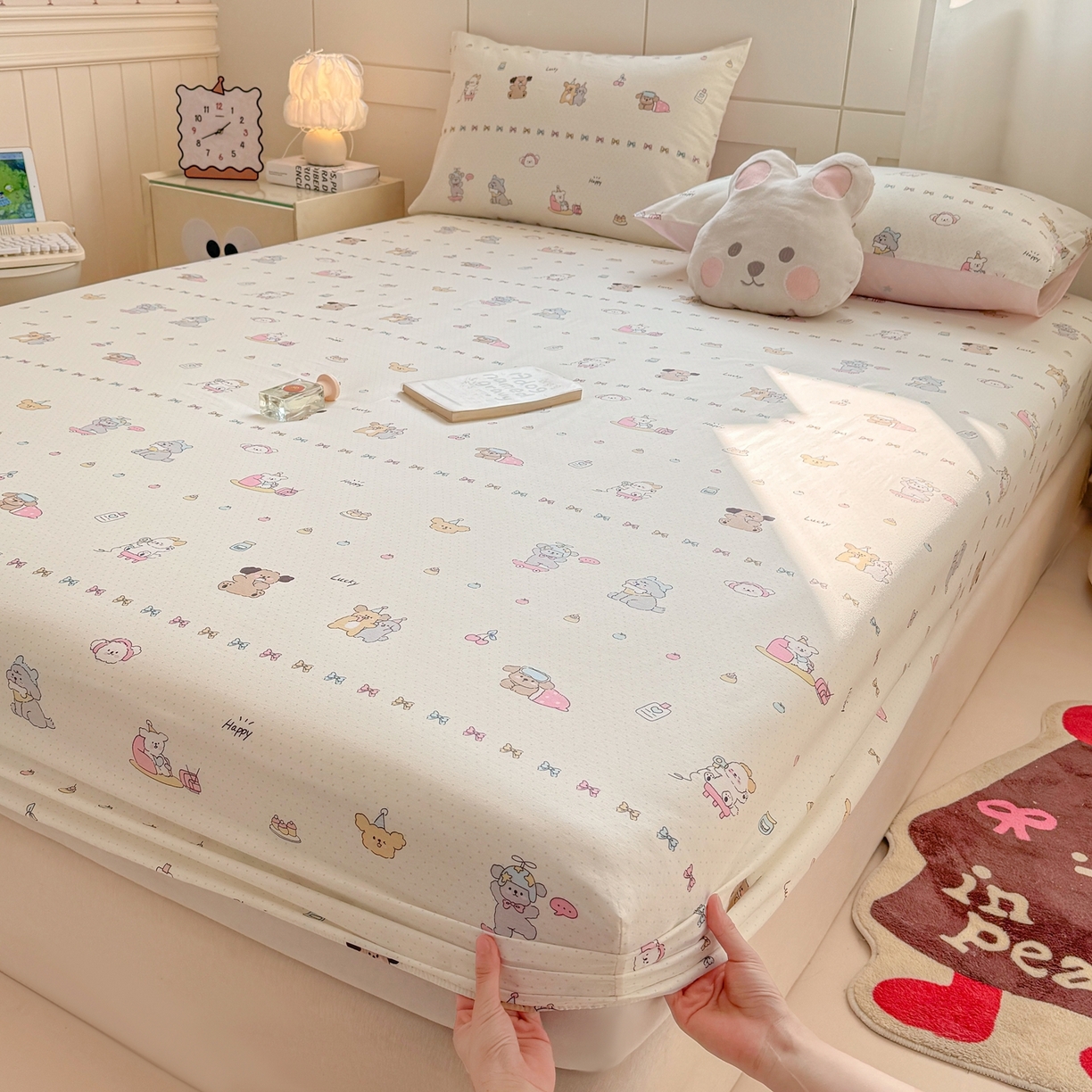 博雅 2026新款全棉纯棉小卡通印花单床笠床笠单件 萌宠日记