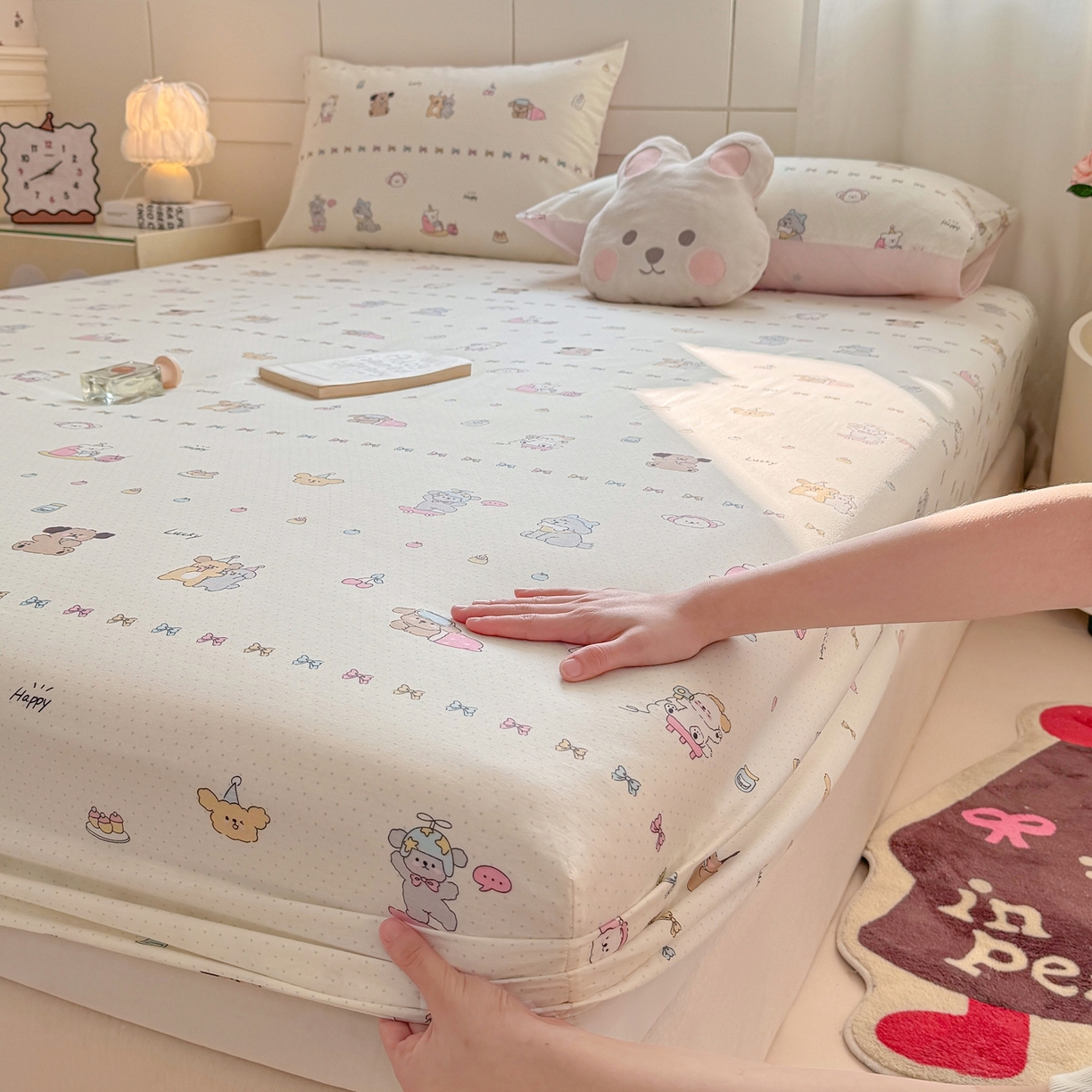91家纺网 家纺一手货源 找家纺 博雅 2026新款全棉纯棉小卡通印花单床笠床笠单件 萌宠日记