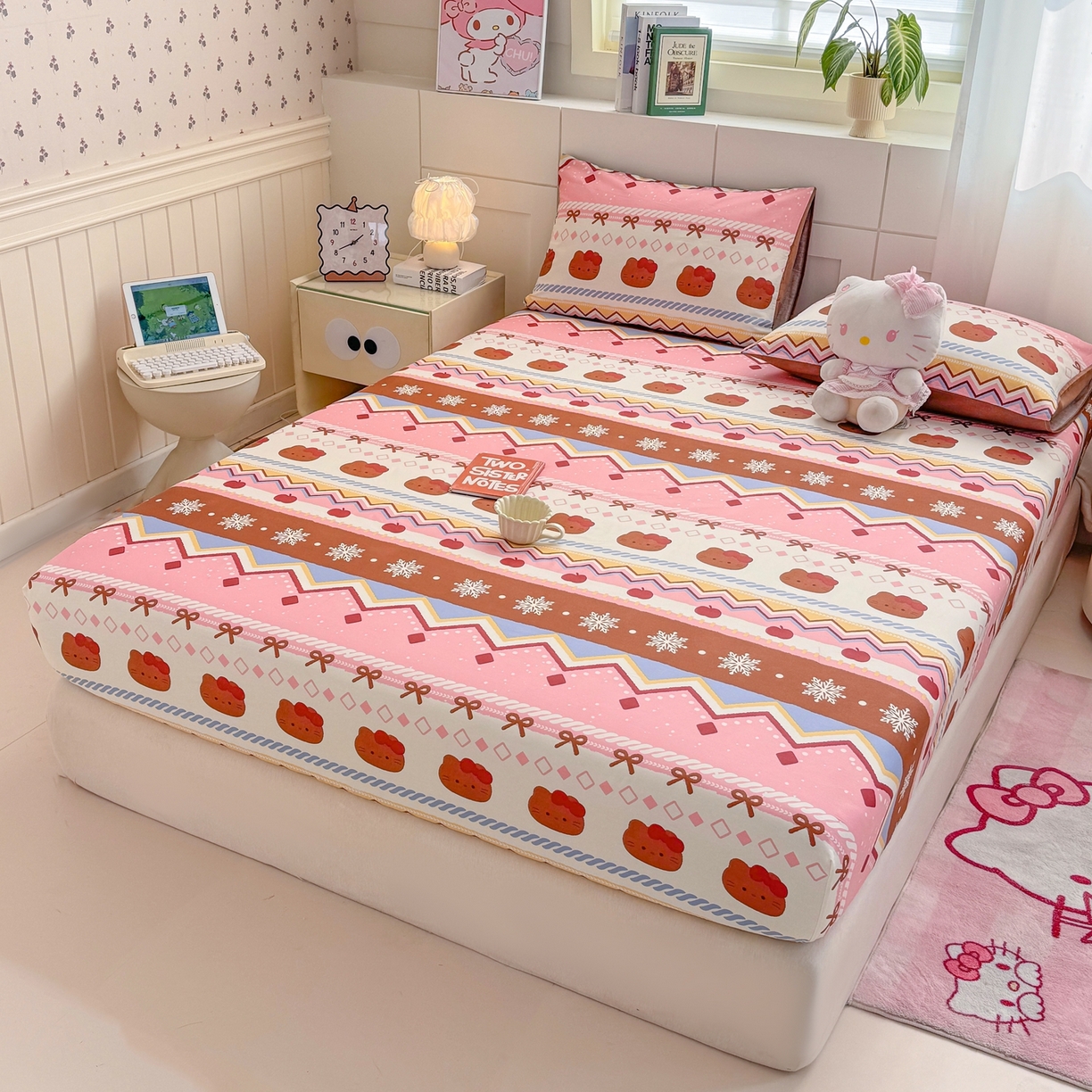 91家纺网 家纺一手货源 找家纺 博雅 2026新款全棉纯棉小卡通印花单床笠床笠单件 圣诞苹果猫