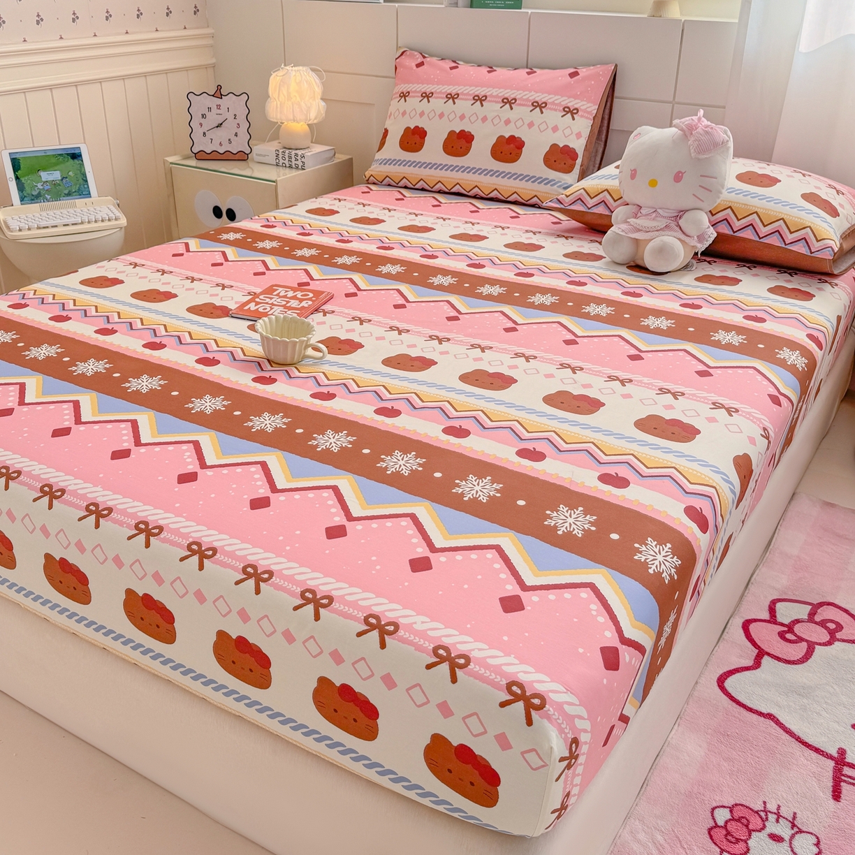 91家纺网 家纺一手货源 找家纺 博雅 2026新款全棉纯棉小卡通印花单床笠床笠单件 圣诞苹果猫