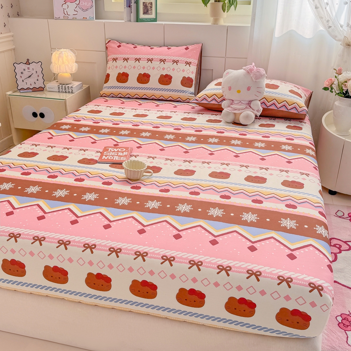 91家纺网 家纺一手货源 找家纺 博雅 2026新款全棉纯棉小卡通印花单床笠床笠单件 圣诞苹果猫