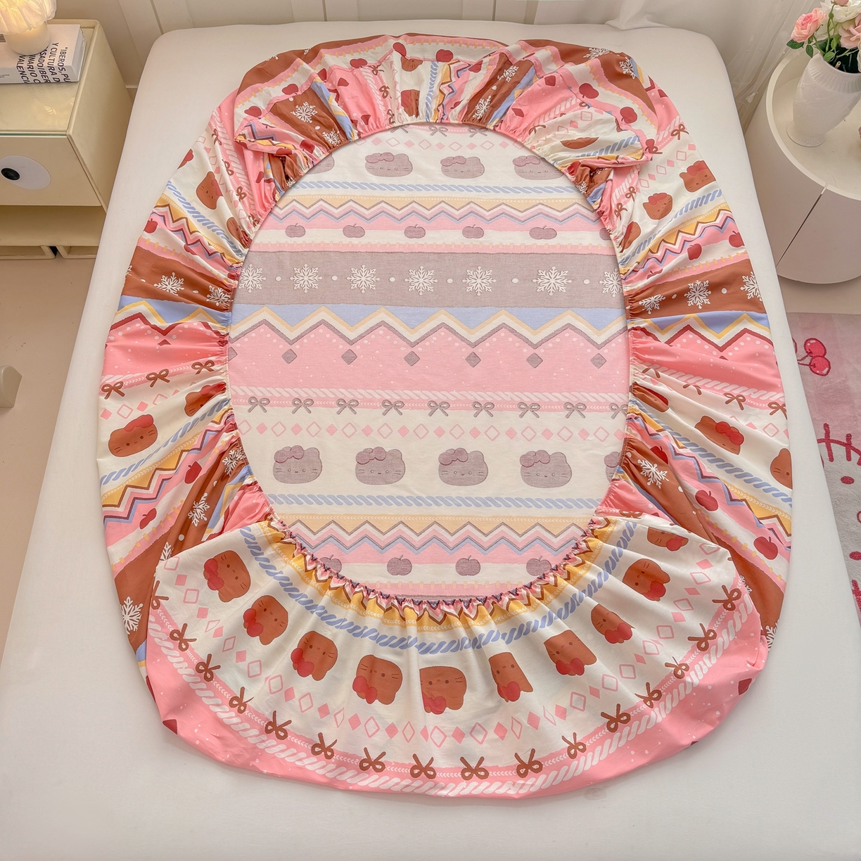 91家纺网 家纺一手货源 找家纺 博雅 2026新款全棉纯棉小卡通印花单床笠床笠单件 圣诞苹果猫