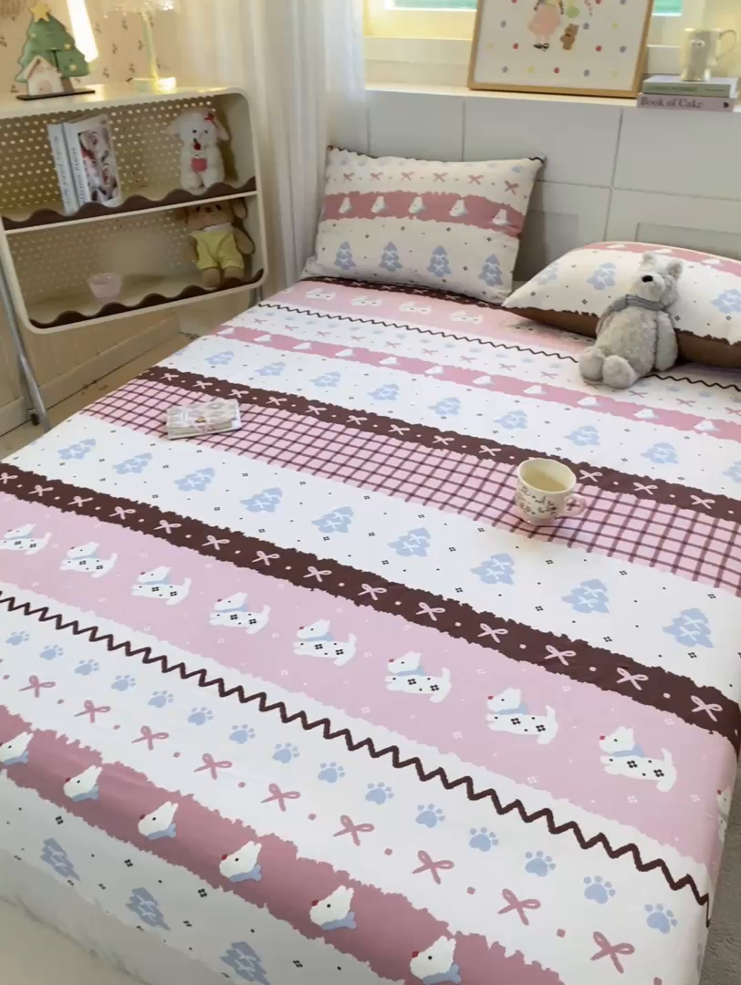91家纺网 家纺一手货源 找家纺 博雅 2026新款全棉纯棉小卡通印花单床笠床笠单件 圣诞苹果猫
