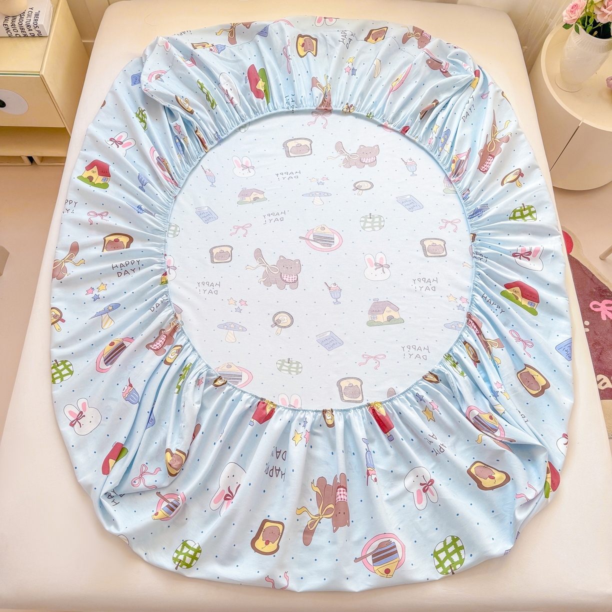 91家纺网 家纺一手货源 找家纺 博雅 2026新款全棉纯棉小卡通印花单床笠床笠单件 甜品屋