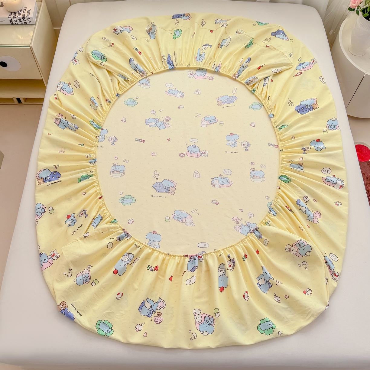 91家纺网 家纺一手货源 找家纺 博雅 2026新款全棉纯棉小卡通印花单床笠床笠单件 晚安小象