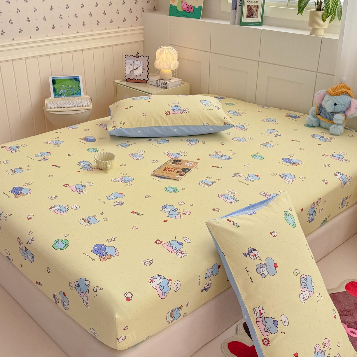 91家纺网 家纺一手货源 找家纺 博雅 2026新款全棉纯棉小卡通印花单床笠床笠单件 晚安小象